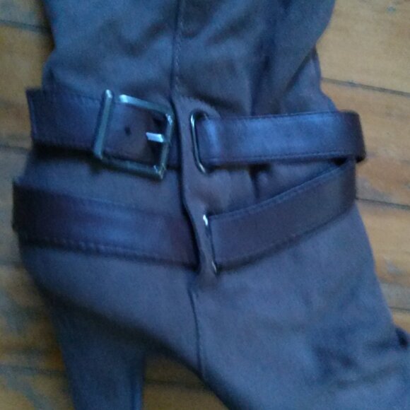 Women's 4" Heel Boots, Olive Green Faux Suede, Brown Buckle, Size 7 - Picture 3 of 16